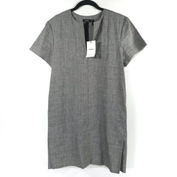 NWT Theory LINEN Blend SLIT FRONT SHIFT Sharkskin Crunch Mini Dress MEDIUM - Picture 5 of 15